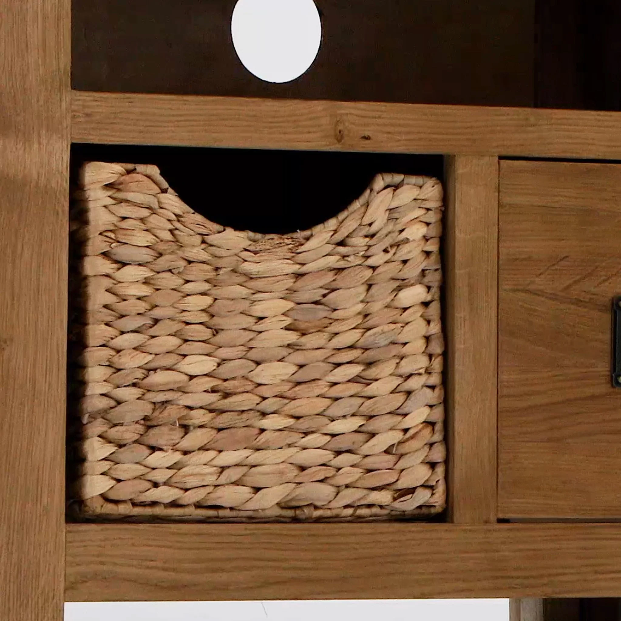 Zelah Oak Corner TV Stand with Baskets - Image 10