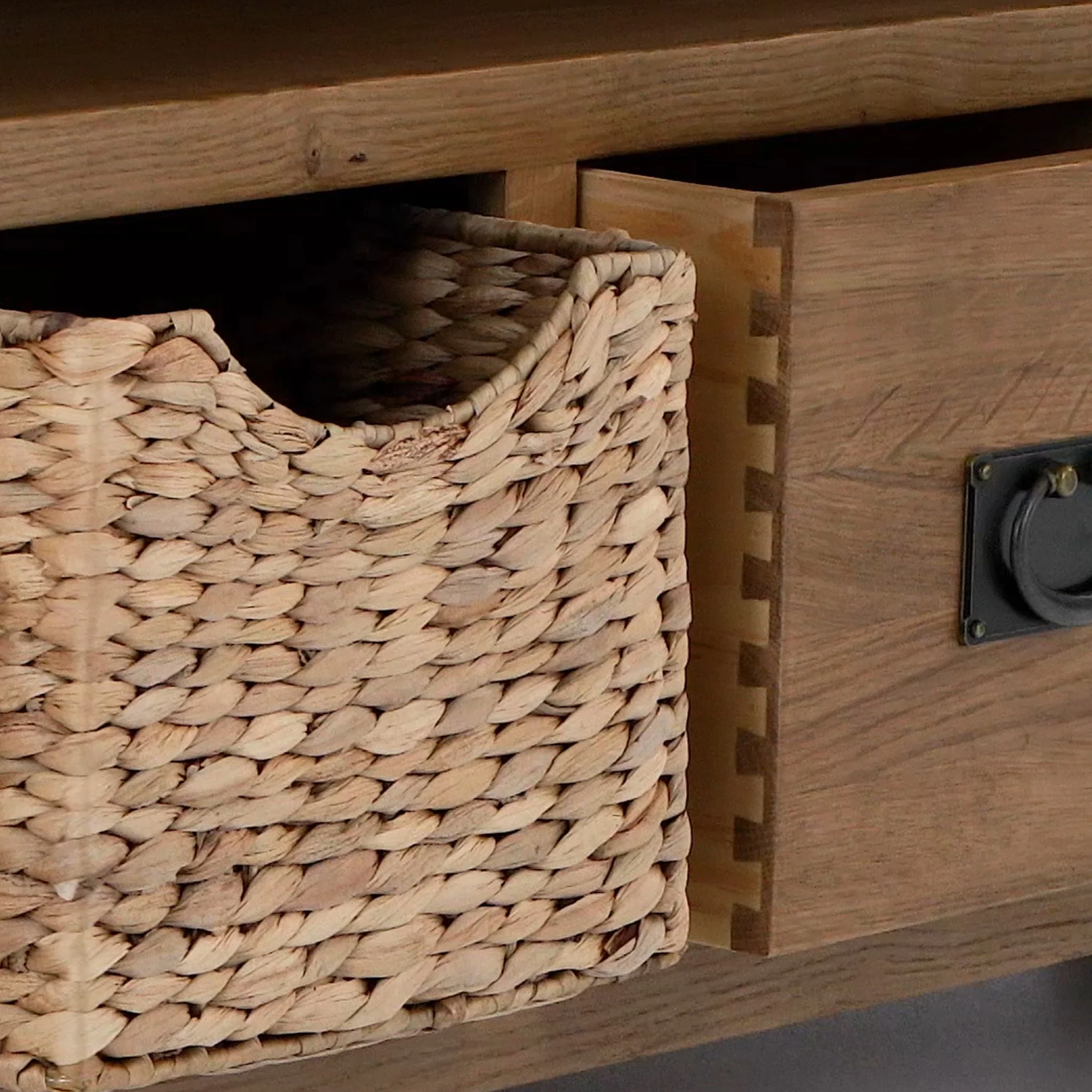 Zelah Oak Corner TV Stand with Baskets - Image 11