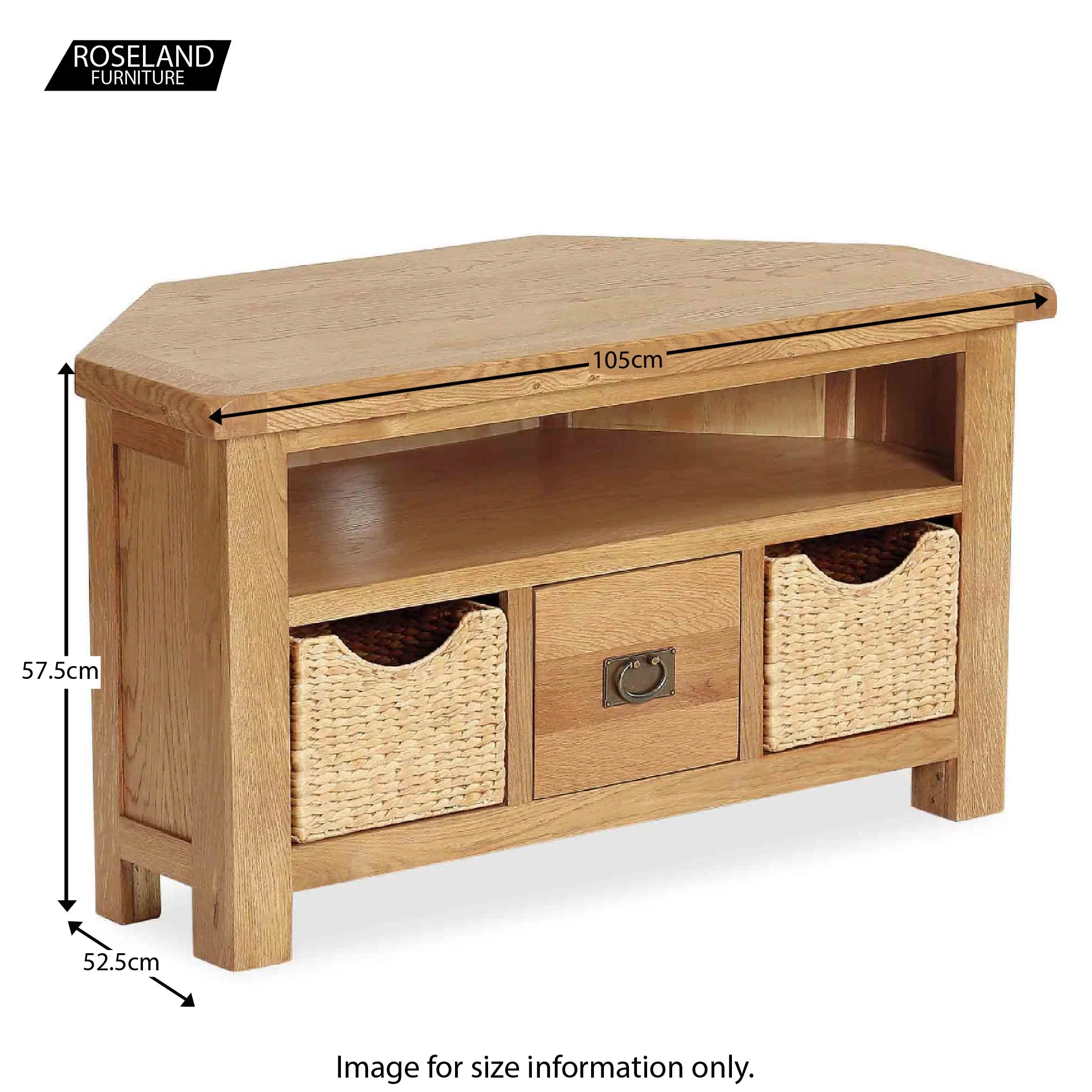 Zelah Oak Corner TV Stand with Baskets - Image 19