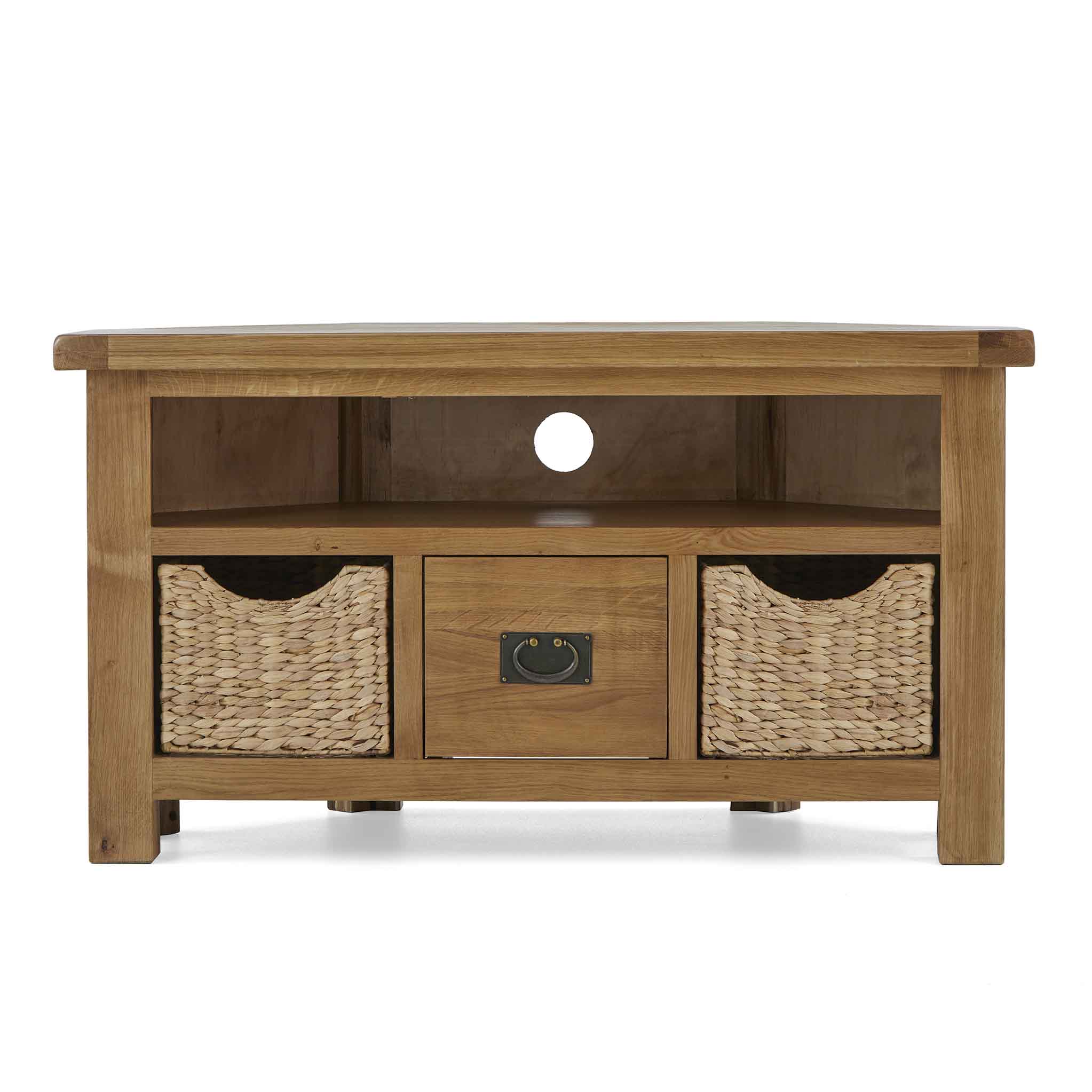 Zelah Oak Corner TV Stand with Baskets - Image 3