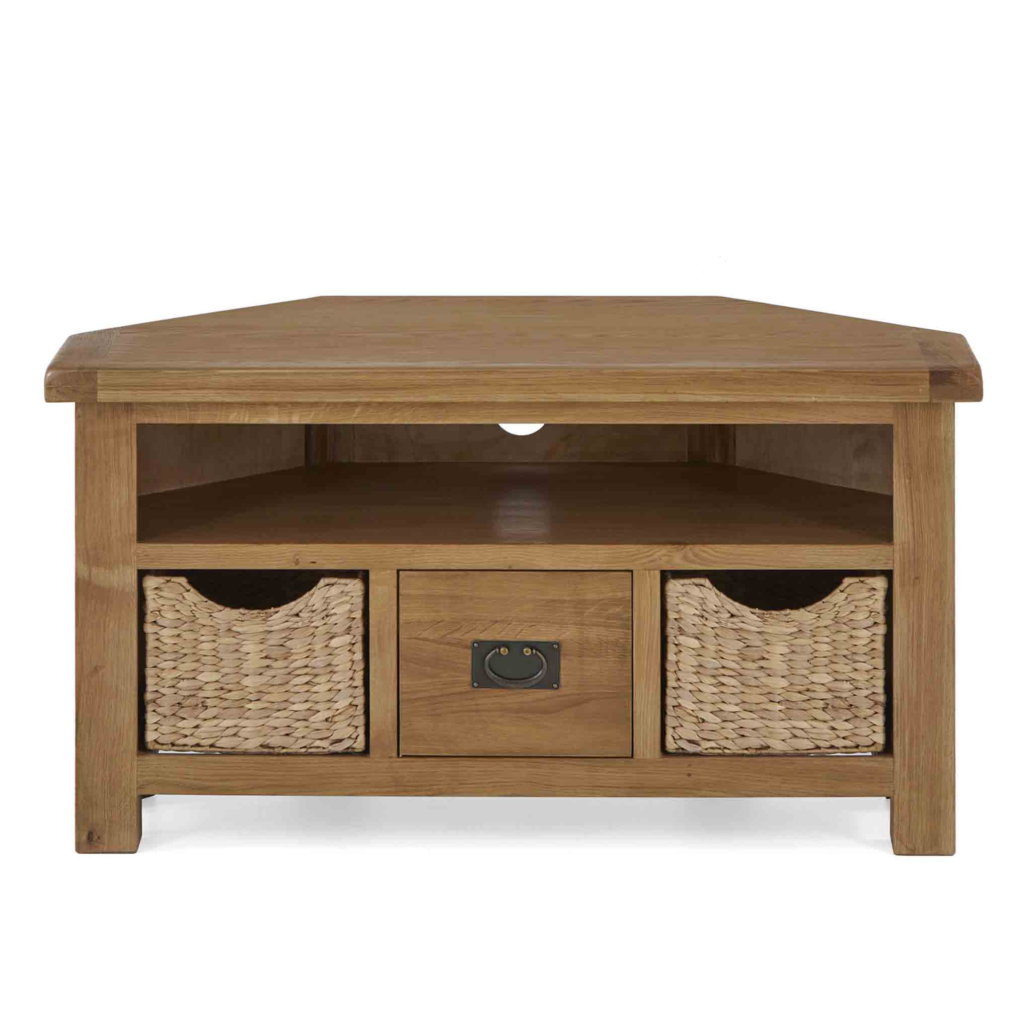 Zelah Oak Corner TV Stand with Baskets - Image 4